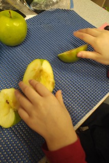 A child holding two halves of a green apple