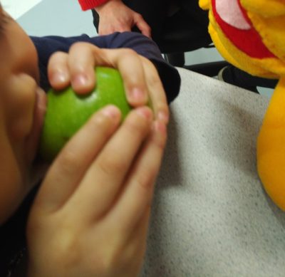 A child holding a green apple with both hands and biting into it