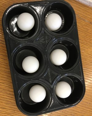 Braille cell represented with a muffin tin and ping pong balls